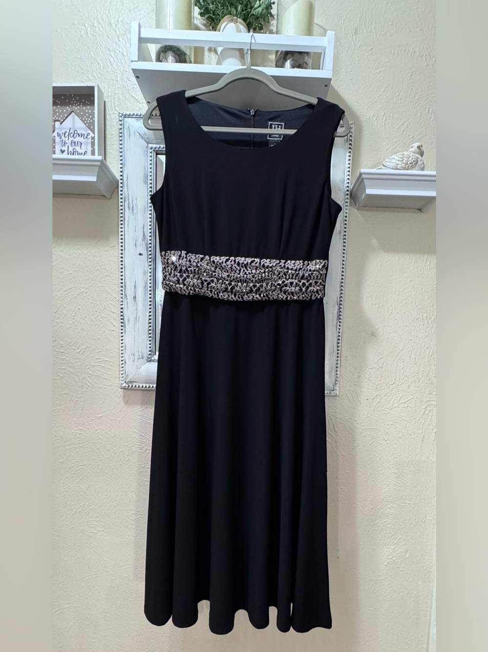 Sleeveless Black Evening Midi Dress with Lace & Sequins Waistband Sz 10